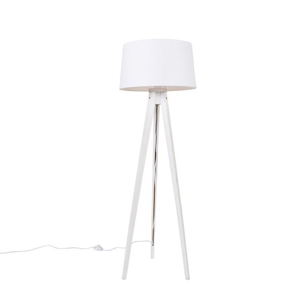 Moderní stojací lampa trojnožka bílá s lněným stínítkem bílým 45 cm - Tripod Classic