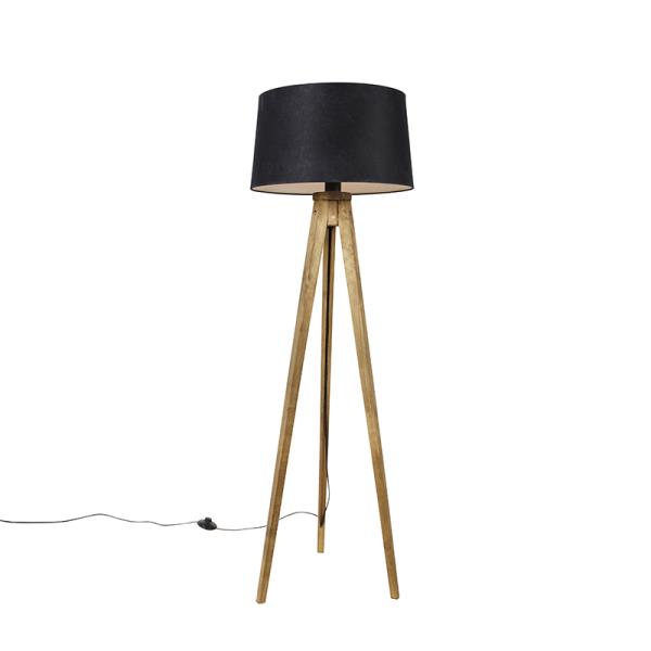 Rustikální stojací lampa na trojnožce Vintage dřevo slněným stínítkem černým 45cm - Tripod Classic