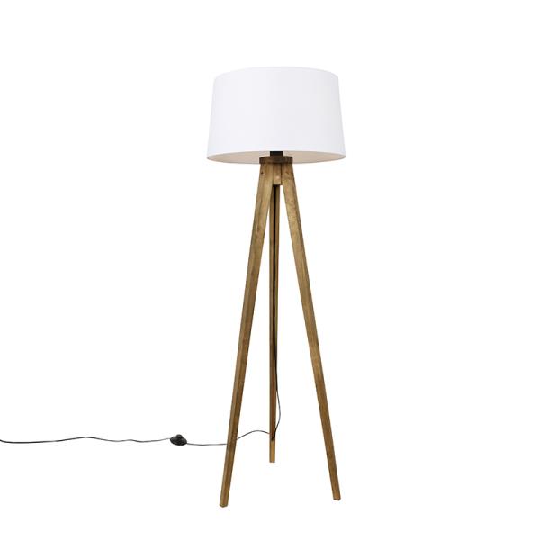Rustikální stojací lampa na trojnožce vintage dřevo s bílým lněným stínítkem 45 cm - Tripod Classic
