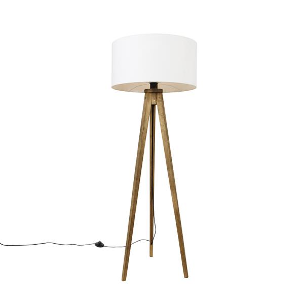 Rustikální stojací lampa s trojnožkou vintage dřevo s bílým stínítkem 50 cm - Tripod Classic