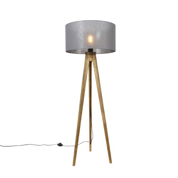 Rustikální stojací lampa se třemi nohami vintage dřevo s tmavě šedým stínítkem 50 cm - Tripod Classic