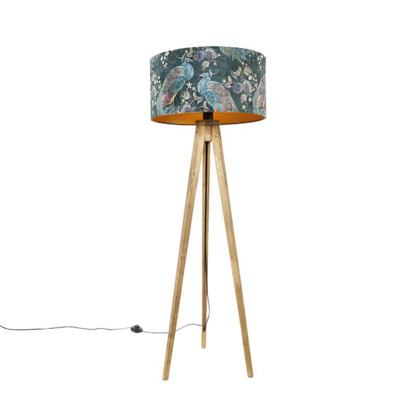 Stojací lampa s trojnožkou Vintage dřevo sstínítkem zelená spavími peříčky 50 cm - Tripod Classic