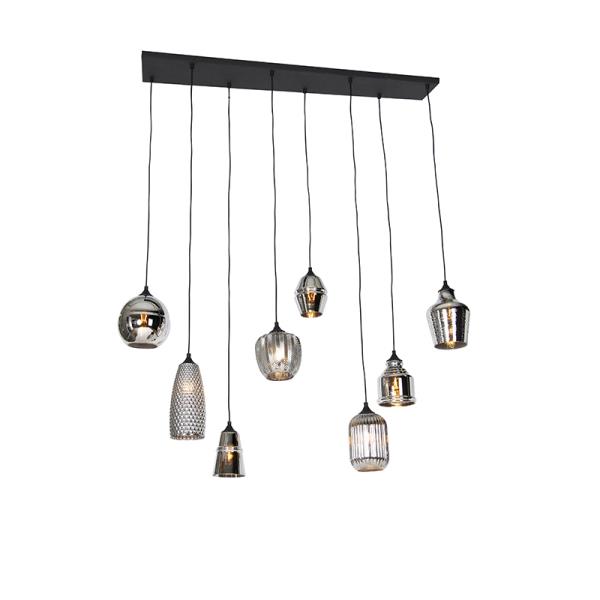 Závěsné svítidlo Art Deco černé s kouřovým sklem 8 světel - Hanne