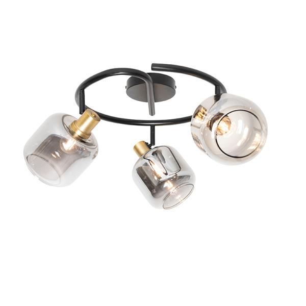 Stropní bodové světlo černé s kouřovým sklem kulaté 3-světlo - Zuzanna