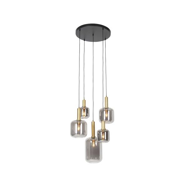Závěsné svítidlo černé se zlatem a kouřovým sklem 5-světlo - Zuzanna