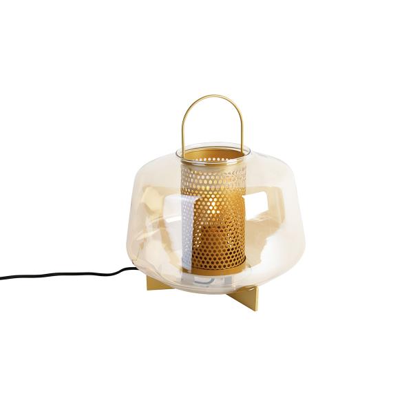 Stolní lampa v art deco stylu zlatá s jantarovým sklem 30 cm - Kevin