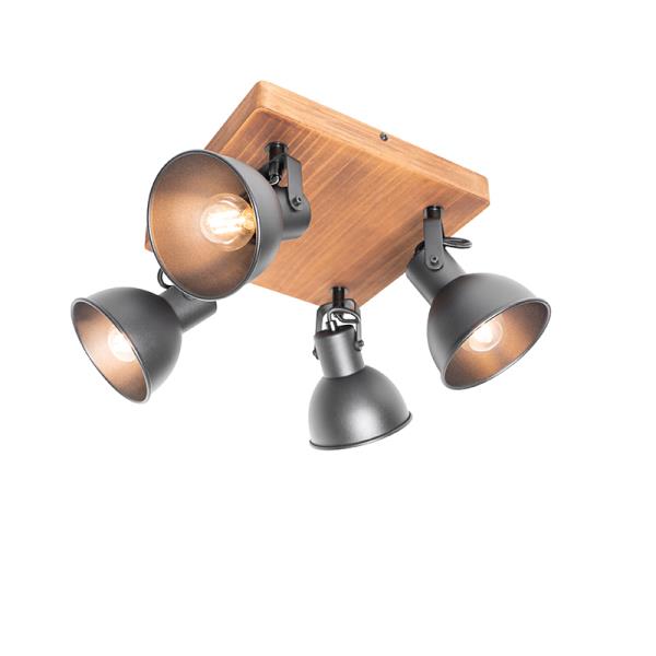 Průmyslové bodové světlo černé se dřevem naklápěcí 4-světlo - Tommy