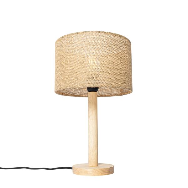 Rustikální stolní lampa dřevo s lněným stínítkem přírodní 25 cm - Mels