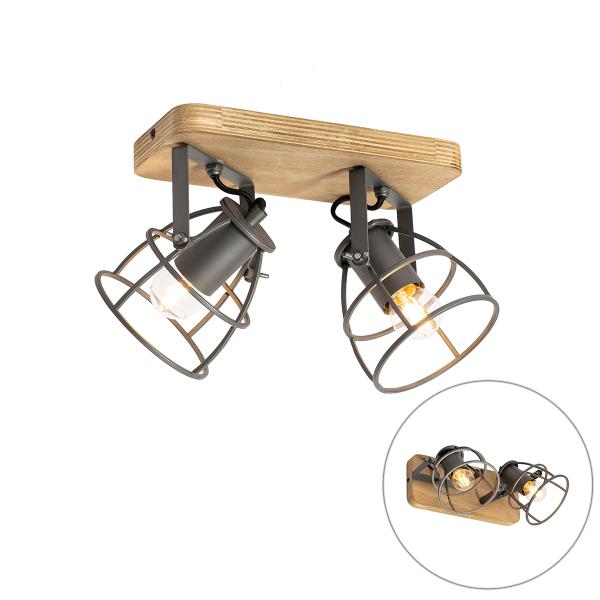 Průmyslové bodové svítidlo tmavě šedé se dřevem nastavitelné 2-světlo - Arthur