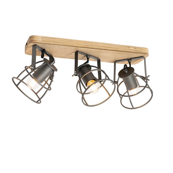 Průmyslové bodové svítidlo tmavě šedé se dřevem nastavitelné 3-světlo - Arthur
