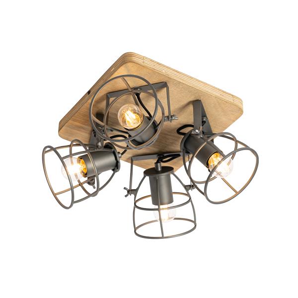 Průmyslové bodové svítidlo dřevo s tmavě šedou nastavitelné 4-světlo - Arthur