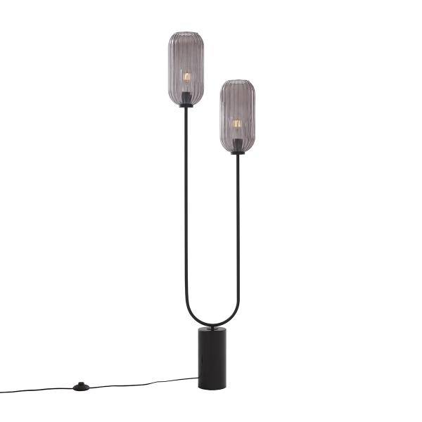 Stojací lampa Art Deco černá s kouřovým sklem 2-světlo - Rid