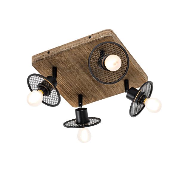 Průmyslové stropní bodové svítidlo černé se dřevem 4-světlo - Jasmine