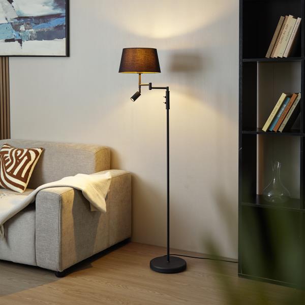 Stojací lampa černá s černým stínítkem a nastavitelným světlem na čtení - Ladas