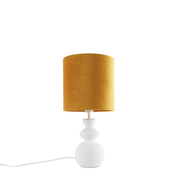Designová stolní lampa bílá sametová stínidla žlutý se zlatem 25 cm - Alisia