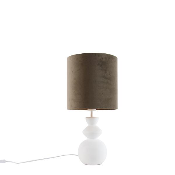 Designová stolní lampa bílá ssametovým stínítkem taupe se zlatem 25 cm - Alisia