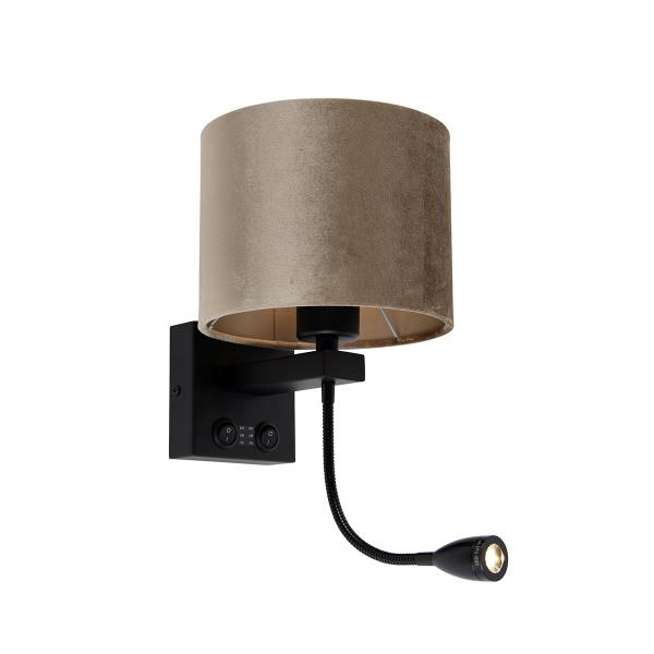 Nástěnná lampa černá s taupe sametovým stínítkem 18 cm - Brescia Combi