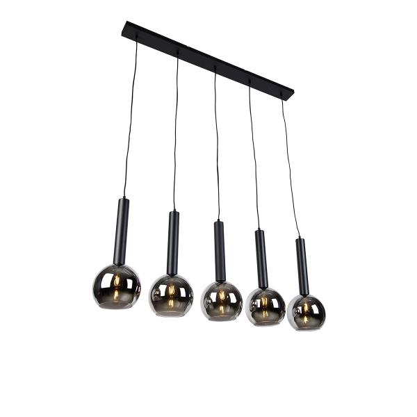 Moderní závěsné svítidlo černé s kouřovým sklem 5-světelné - Clayton