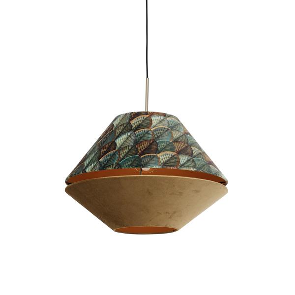 Moderní závěsné svítidlo bronzové s dvojitým sametovým stínidlem s motivem listů a béžové - Combi 1