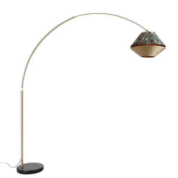 Mosazná oblouková lampa s dvojitým sametovým stínidlem s motivem listů a béžovou barvou - XXL