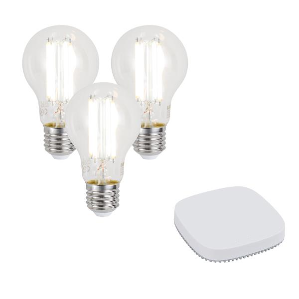 Sada 3 chytrých stmívatelných LED žárovek E27 A60 7W 806LM 2700-6500K včetně Zigbee Smart Hub