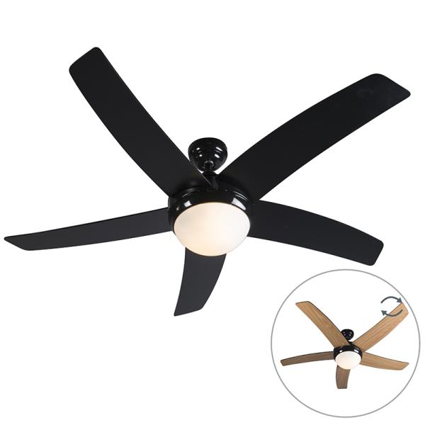 Stropní ventilátor černý s dřevěným potiskem 132 cm s dálkovým ovládáním - Cool