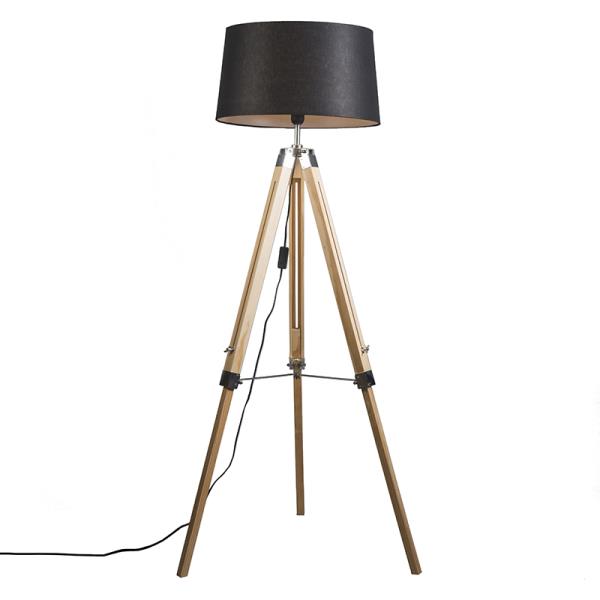 Stojací lampa přírodní s černým lněným stínítkem 45 cm - Tripod