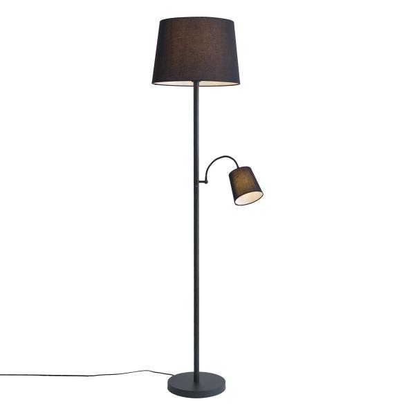 Klasická stojací lampa černá s černým stínítkem a lampičkou na čtení - Retro