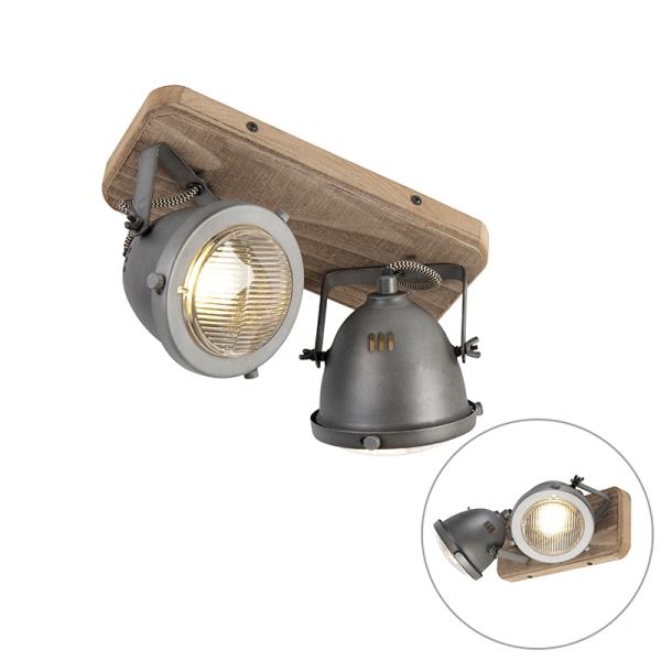 Průmyslové bodové světlo ocel s dřevěným držákem a skloněným 2 světly - Emado