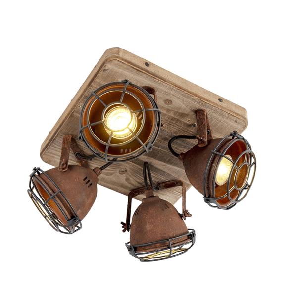 Průmyslové bodové svítidlo rezavě hnědé se dřevem naklápěcí 4-světlo - Gina